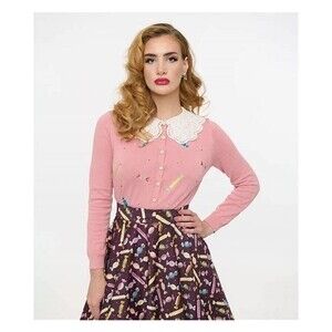 Royal Monk 50s Pink Lace Collar Candy Embroidered Opal Button Cardigan Sweater